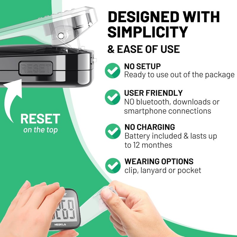 NESKLA 3D Pedometer for Walking, Simple Step Counter with Large Digital Display, Step Tracker with Removable Clip Lanyard, Accurately Track Steps for Men Women Kids Adults Seniors - Image 3